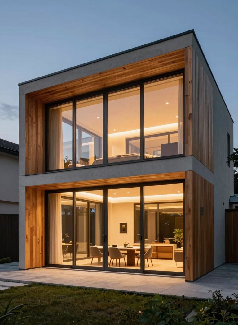 A high-end modern house exterior in Wallonia at dusk, with warm interior lighting glowing through large, elegant windows with warm natural wood frames. The atmosphere is sophisticated and serene.