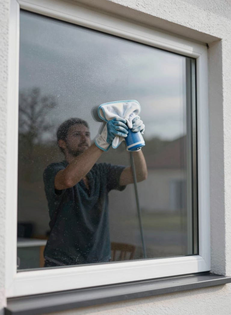 A premium close-up of a sparkling clean window of a modern house in the Kempen region, with a professional window cleaner's reflection. Professional lighting, crisp #F5F8FA highlights, and a trustworthy, polished look.