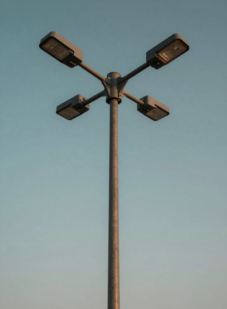 A low-angle professional shot of a modern street lighting pole against a clear sky in Riyadh, Middle Eastern / Gulf region, showing the sleek metal texture and robust construction, lighting in soft morning light with Dark Teal and Slate Blue hues.