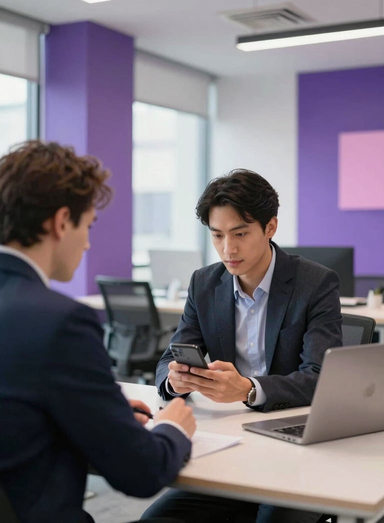A professional business meeting in a bright North American tech hub office, two professionals looking at a smartphone screen together, with deep purple and light pink accents in the decor.