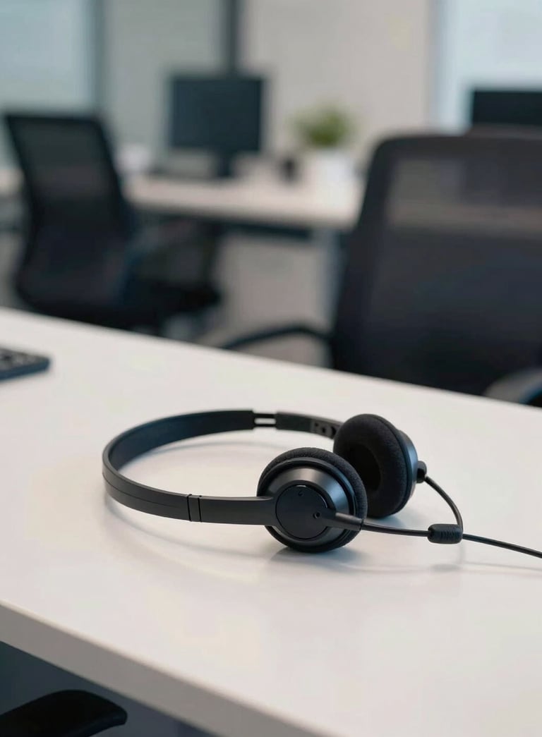 A professional South American / Brazilian workplace setting with a modern headset on a clean white desk, blurred office interior background, Dark Blue and Off-white palette.