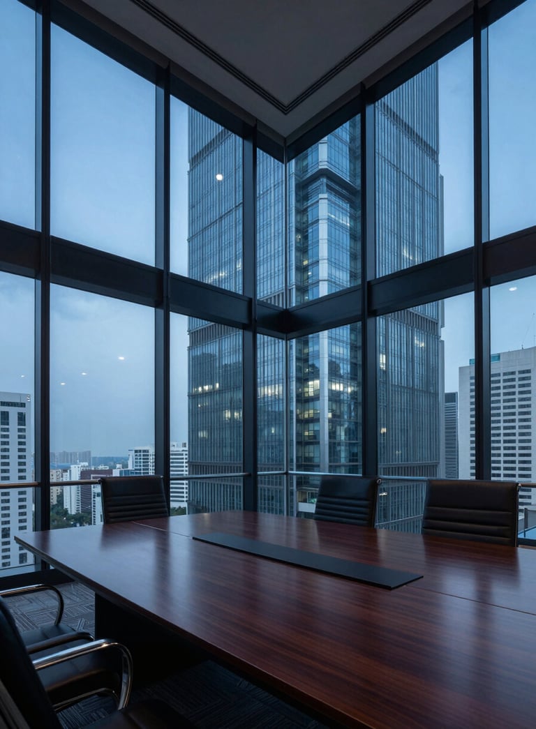 A high-end, wide-angle photograph of a glass-walled boardroom in a Mumbai skyscraper at dusk. The room is empty but perfectly arranged, featuring deep navy blue and steel blue tones reflected in the polished surfaces.