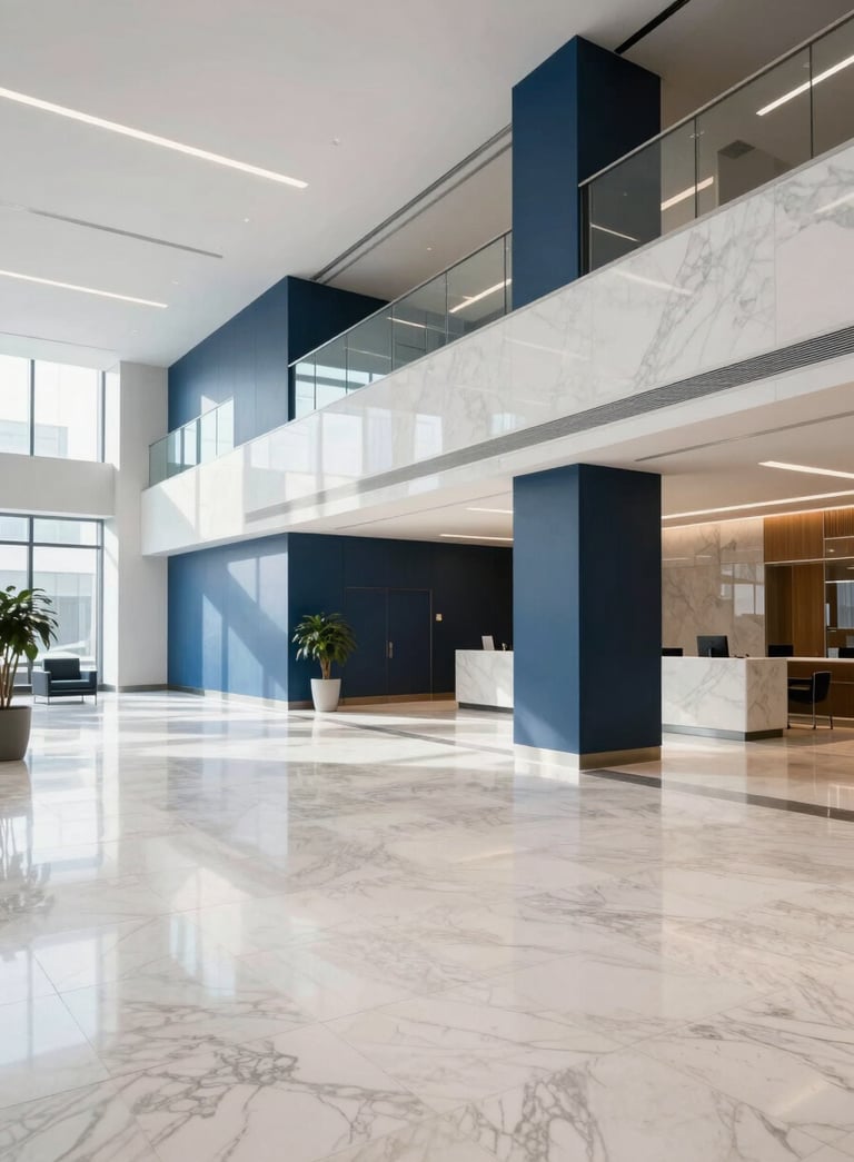 A bright, modern North American corporate lobby with clean lines, off-white marble floors, and dark blue accent walls, captured with a wide-angle lens in soft morning light.