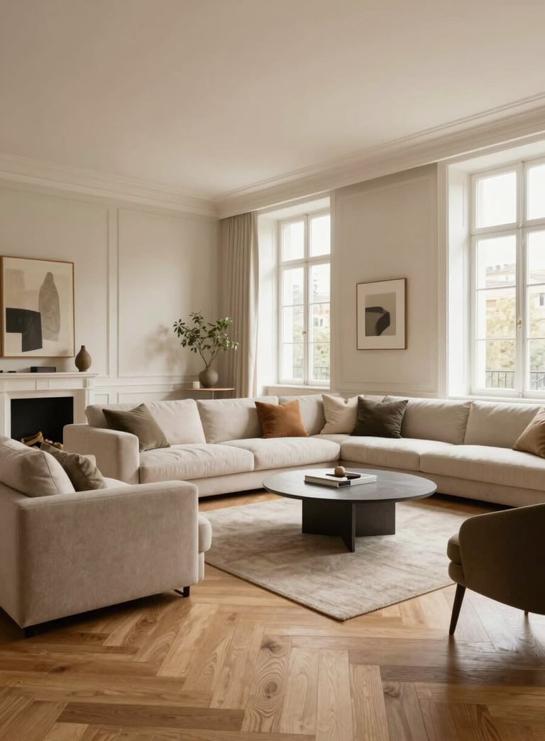 A high-end renovated living room in a French apartment, bright airy space with warm wood flooring, natural beige walls, and modern minimalist furniture.