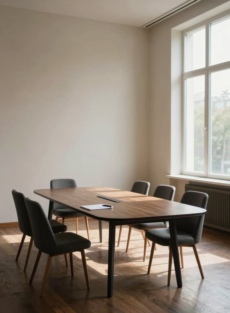 Wide environmental shot of a calm mediation conference room, a long oval table centered in frame, two empty chairs on each side, natural north-facing daylight entering through tall windows on the right, soft shadows defining the room's depth, a notepad and pen on the table surface, no people present, cream walls and dark wood tones