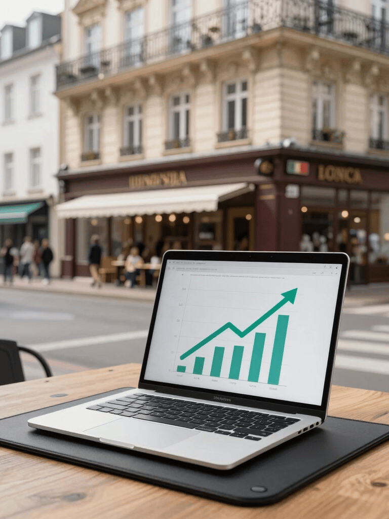 A minimalist, high-end professional desk scene. A focused view of a sleek tablet displaying a marketing growth chart. The color palette features deep blues (#1A2C3D) and soft greys (#F6F8FA), conveying a clean, modern, and authoritative atmosphere.