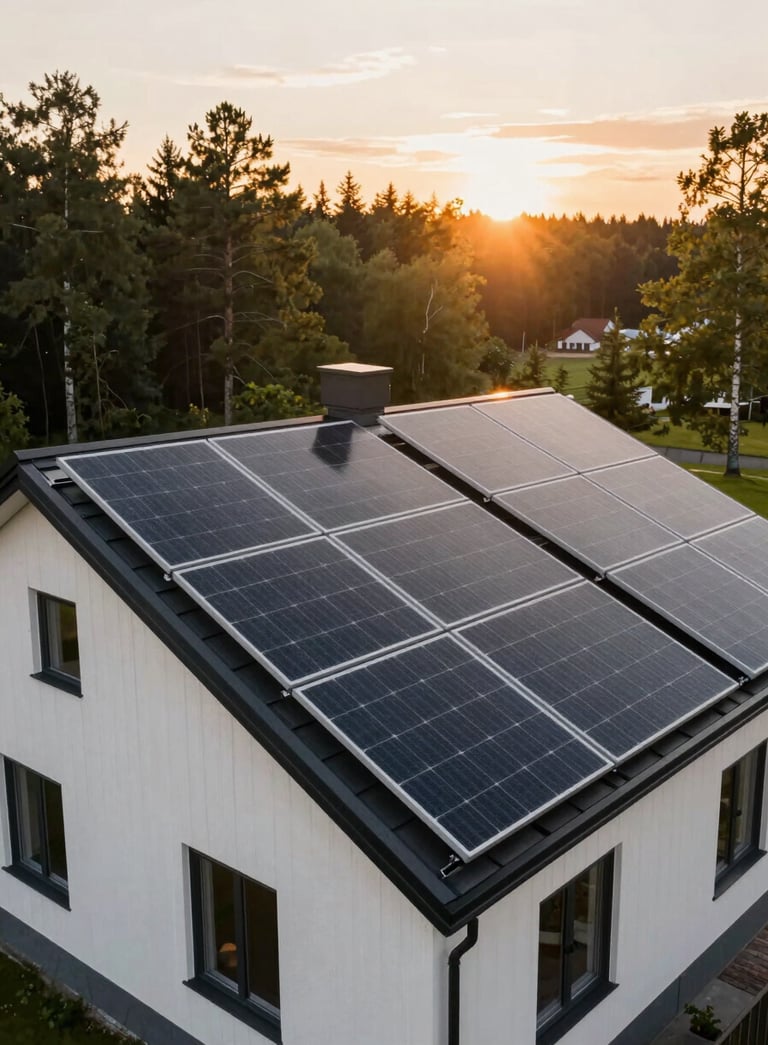 Wide-angle photography of a sleek, modern Northern European / Baltic house featuring a full rooftop solar installation. The sun is setting, casting a warm golden amber glow. The atmosphere is sustainable and innovative, with forest green trees in the background and a soft off-white facade.