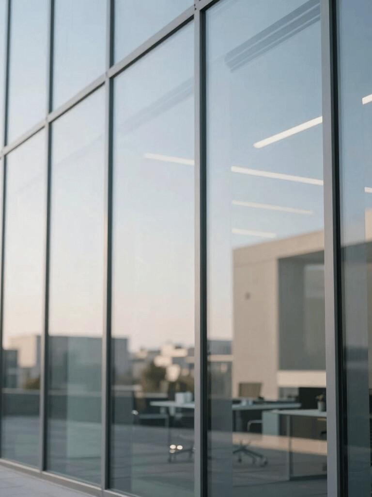 Clean and minimalist close-up of a high-end corporate glass wall reflecting a bright office environment, modern architecture in the Gulf region, soft daylight, professional atmosphere.