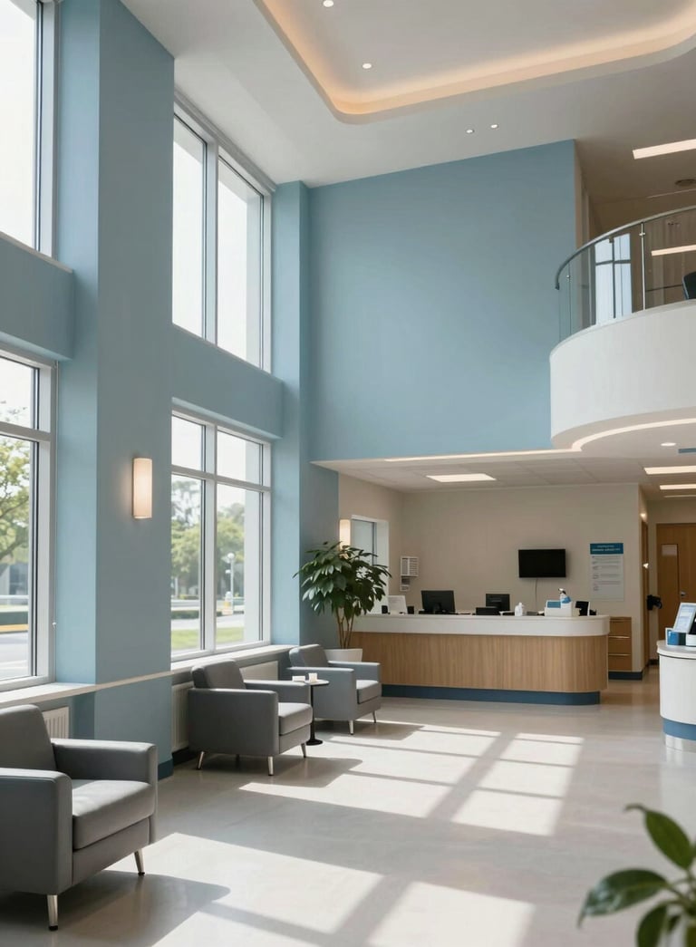 Interior of a modern, airy healthcare facility with soft slate blue walls and natural light streaming through large windows, North American clinic architecture, clean and professional atmosphere.
