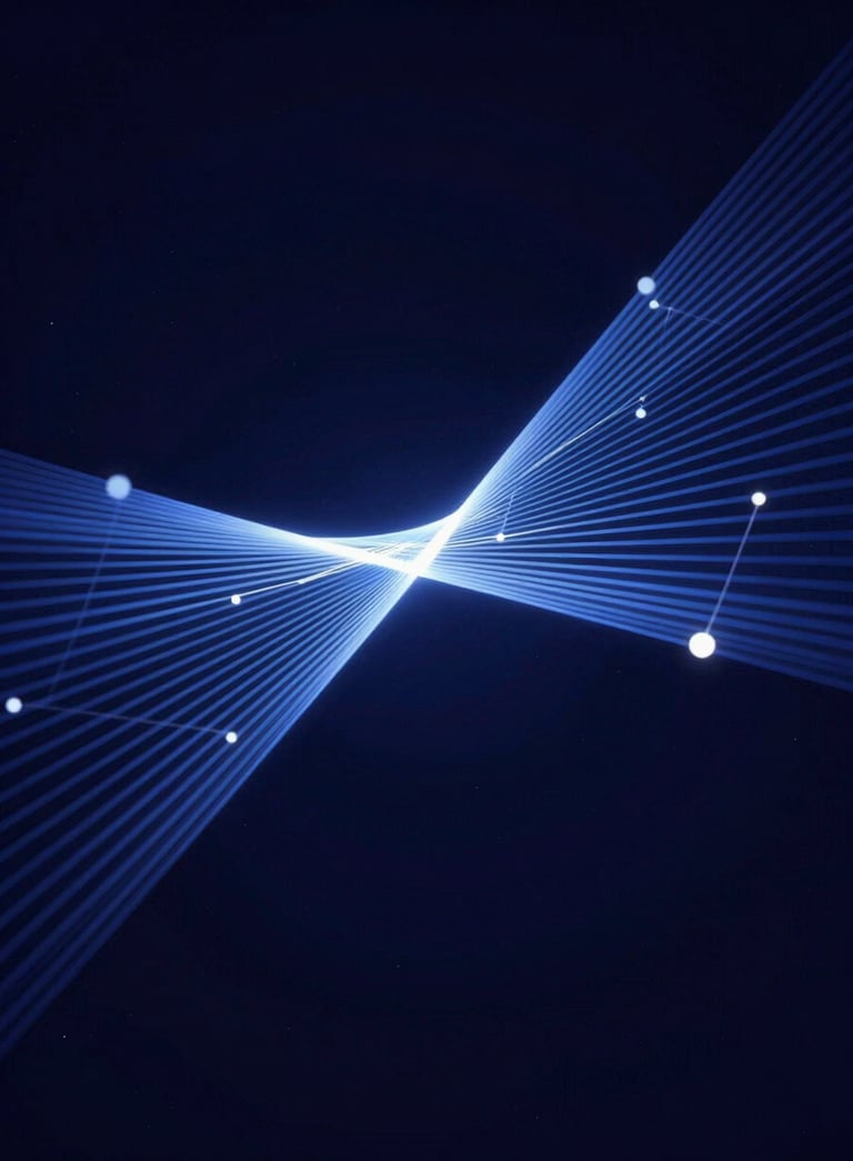 A sleek, minimalist abstract digital graphic showing interconnected nodes and light rays flowing through a dark space. The palette is dominated by #725DF0 and #3C306D gradients with #F0F0FF highlights, symbolizing innovation and connectivity.