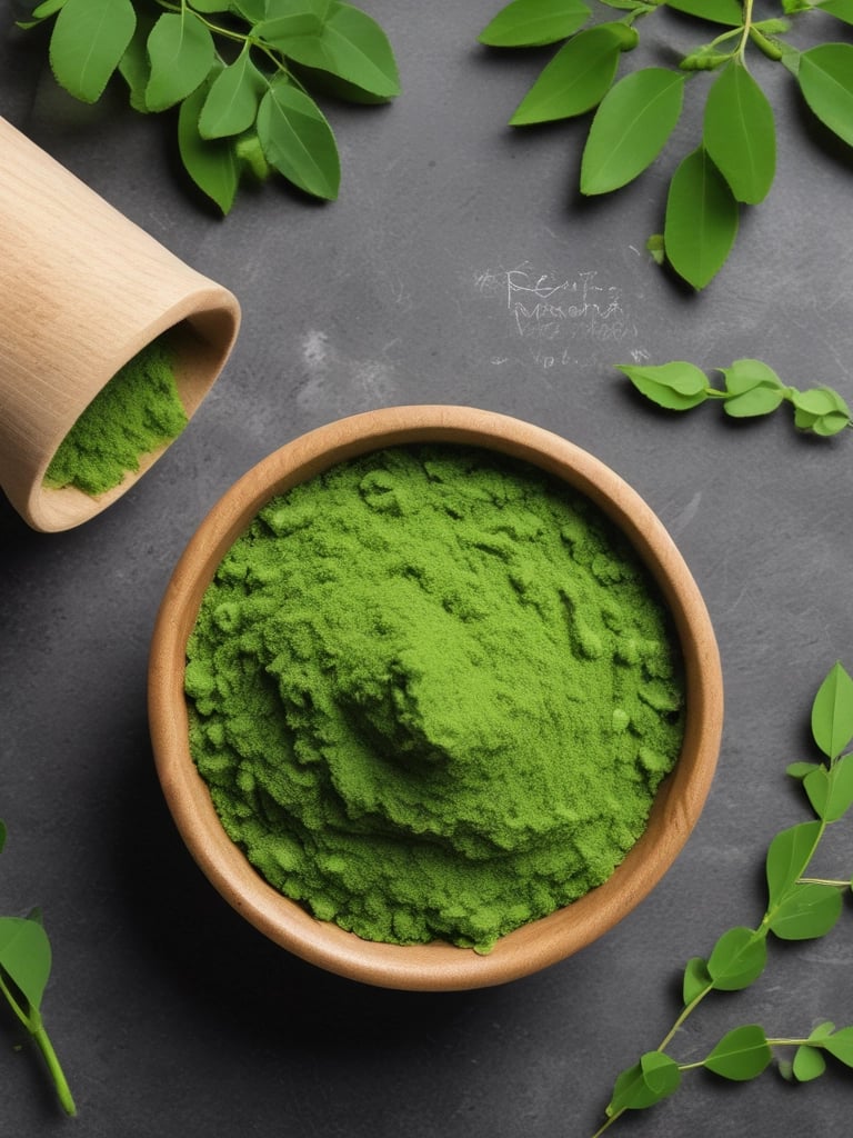 Close-up of vibrant green moringa and spinach powder in rustic bowls on a wooden table.