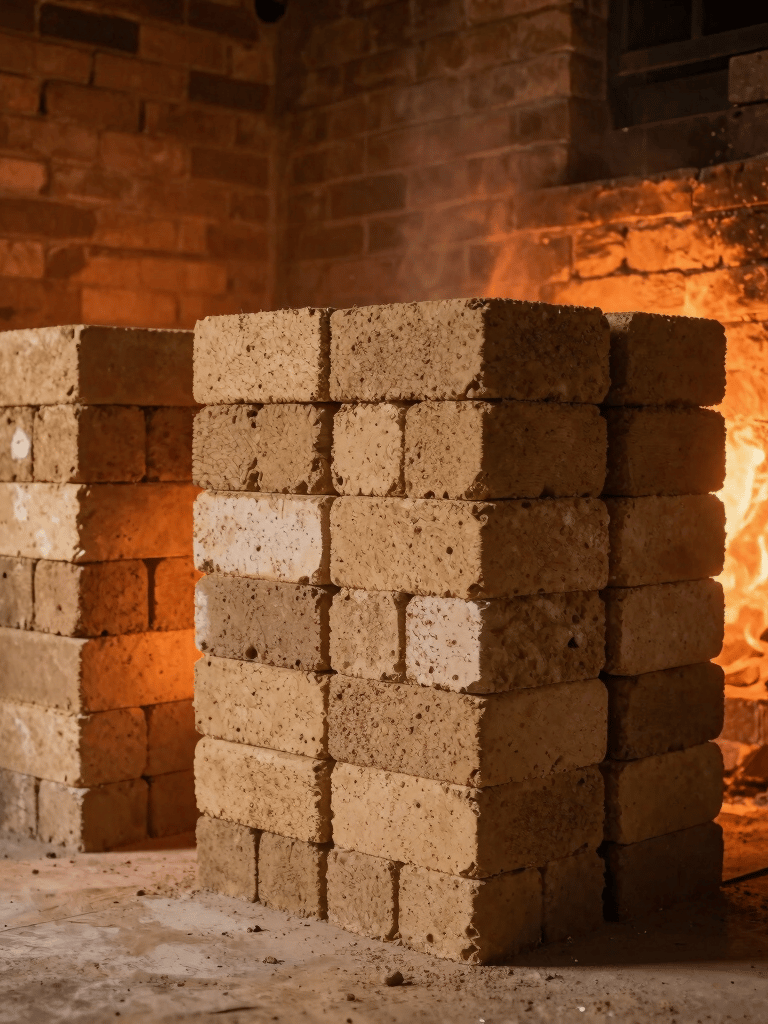 The interior of a traditional brick kiln with a warm orange glow from the fire illuminating stacks of hardening sand-colored clay bricks, cinematic lighting, North American heritage style.