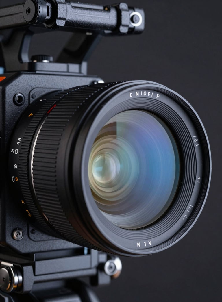 Close-up of a professional cinematic camera lens reflecting a soft blue light. The background is a dark, sophisticated studio setting. The composition is artistic and focuses on technical excellence.