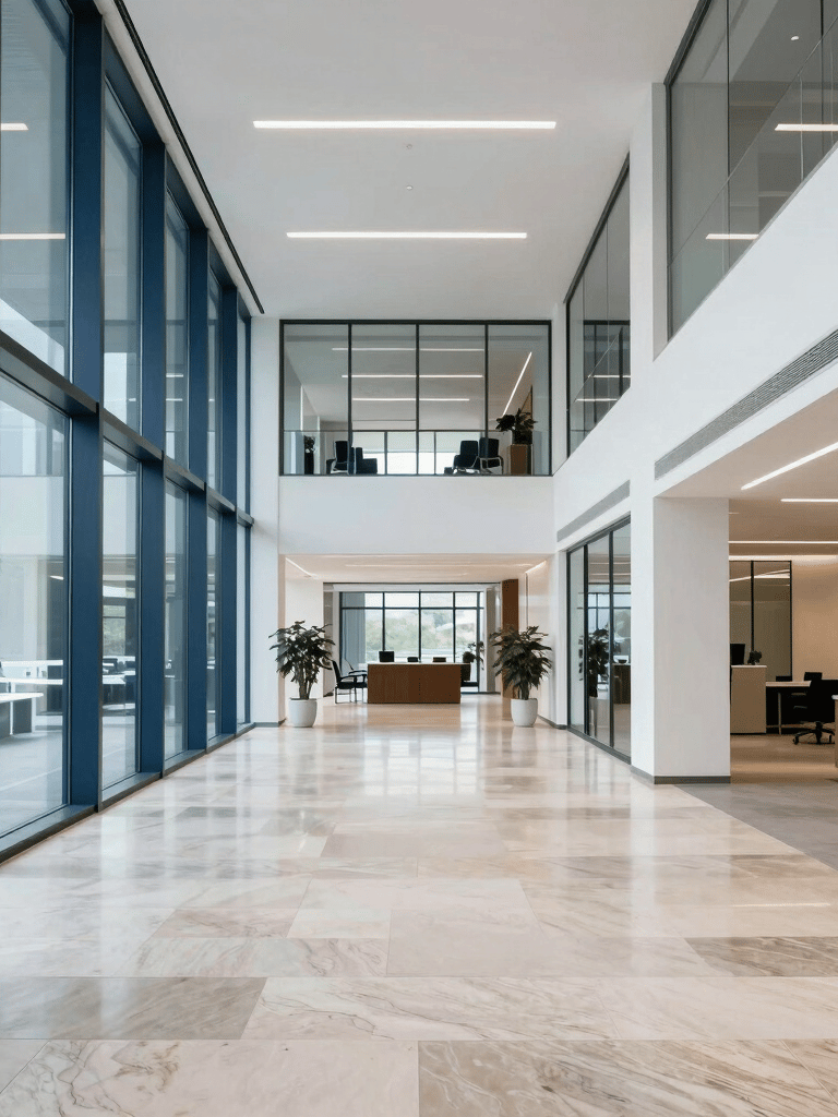 A bright and airy commercial office lobby in Central Europe with polished stone floors and glass walls, reflecting a clean and professional atmosphere with deep blue and white accents.