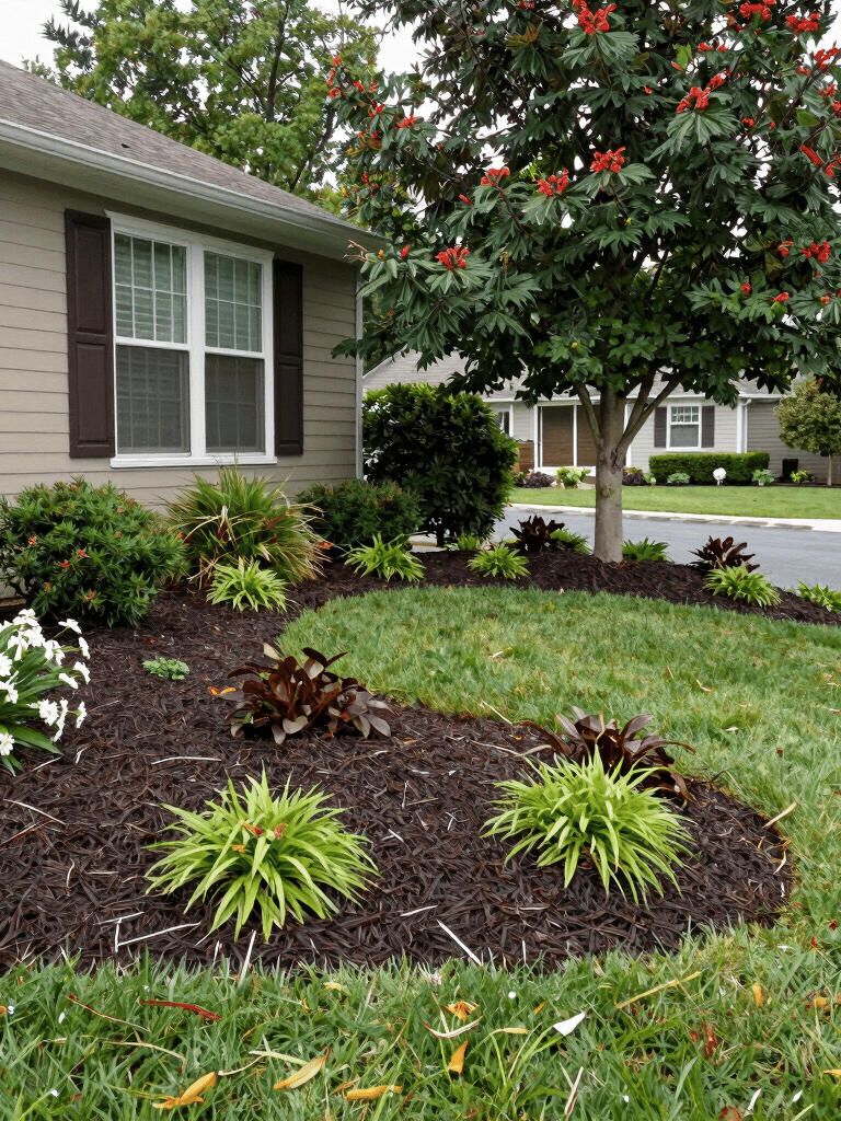 A professional landscaper in a green uniform using a lawnmower on a lush, perfectly manicured North American / US suburban lawn, clean lines, professional photography.