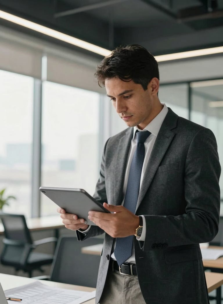 A professional engineer in business attire reviewing blueprints on a digital tablet in a bright, modern South American corporate office with high ceilings and steel accents, soft morning light.