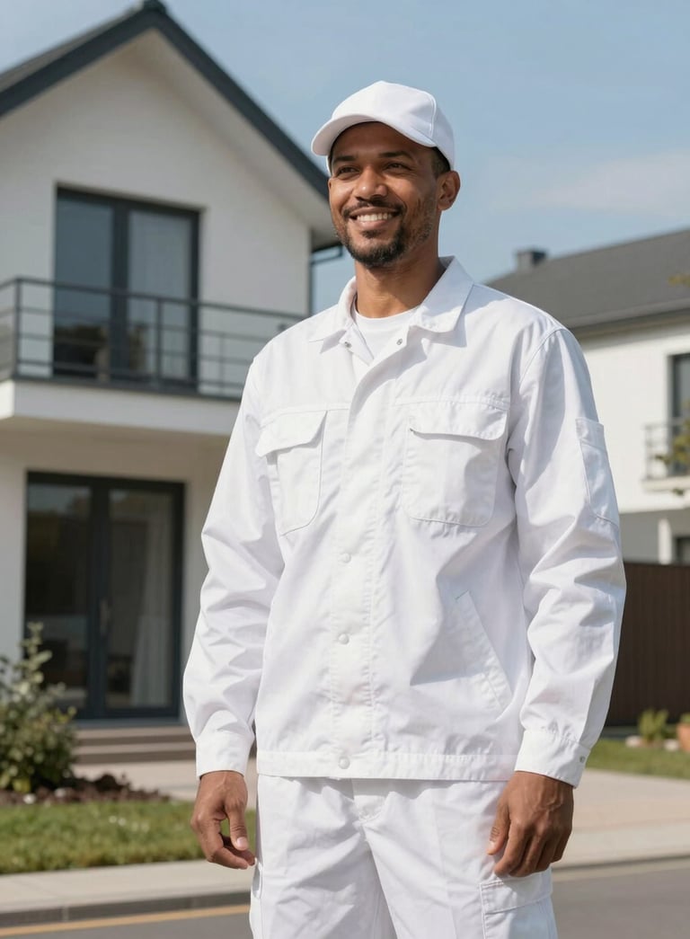 A trustworthy pest control technician in professional white workwear standing in front of a Hamburg modern home, smiling confidently, bright and clear daylight.