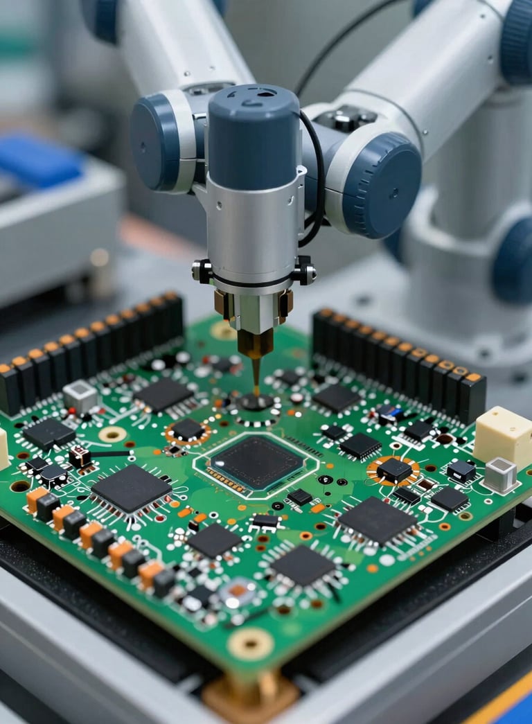 A detailed close-up of a complex green PCB with orange and silver components being assembled by a robotic arm, premium industrial style.