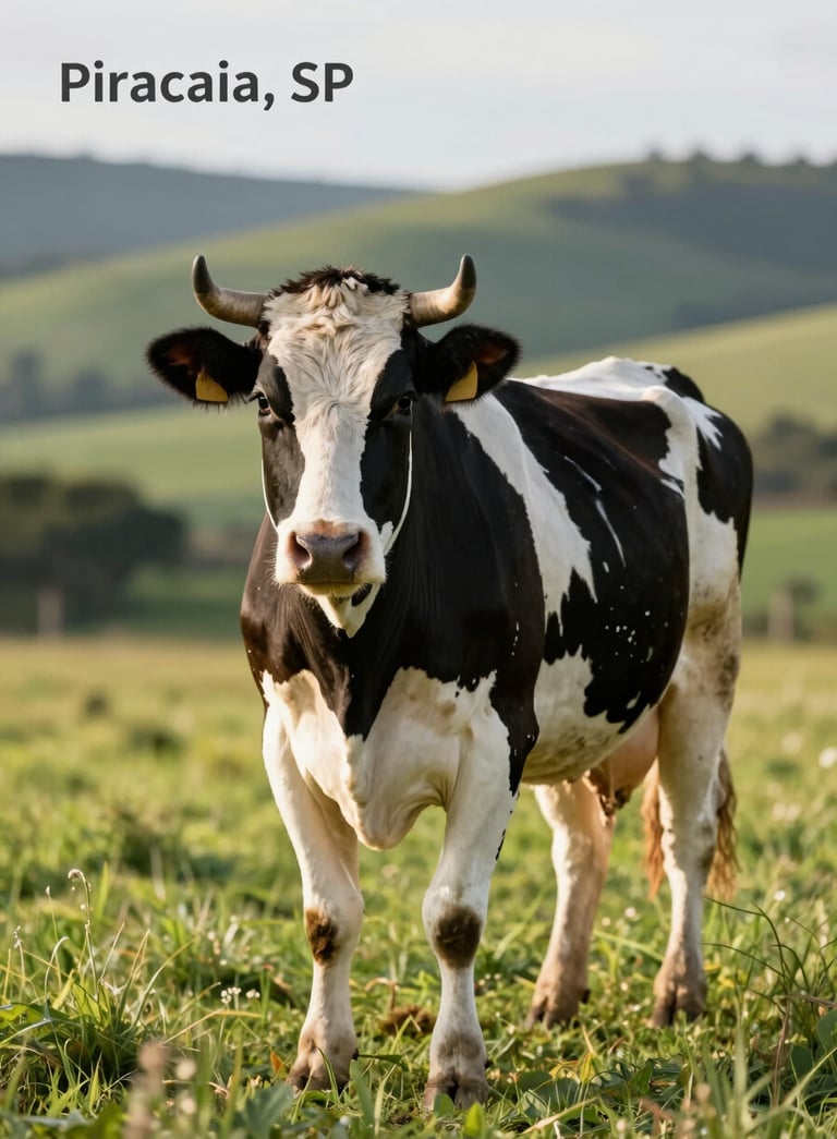 A high-quality Holstein cow standing in a lush green pasture in Piracaia, SP, with a soft-focus background of rolling hills, warm sunlight, sophisticated and authoritative tone, matching the #F6F4F1 atmosphere.