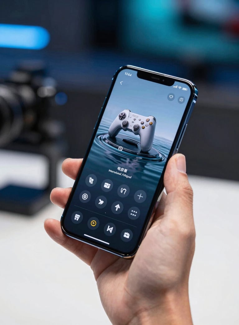 Photography of a hand holding a modern smartphone in a bright professional setting, displaying a sleek mobile gaming interface, International / Global, soft bokeh background with dark blue and teal highlights.