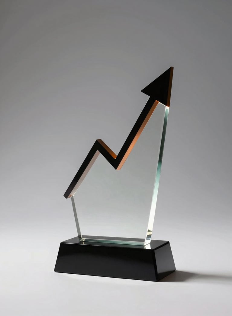 Minimalist photography of a modern glass trophy representing career growth on a white surface, professional lighting with black and orange highlights.
