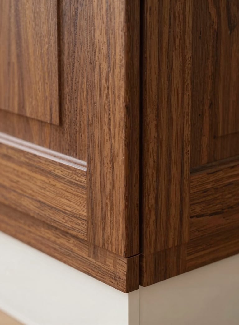 A macro photograph of a perfectly executed cabinetry joint, showing the fine grain of deep brown wood and meticulous precision, bright diffused lighting, North American / Pacific Northwest US residential interior.