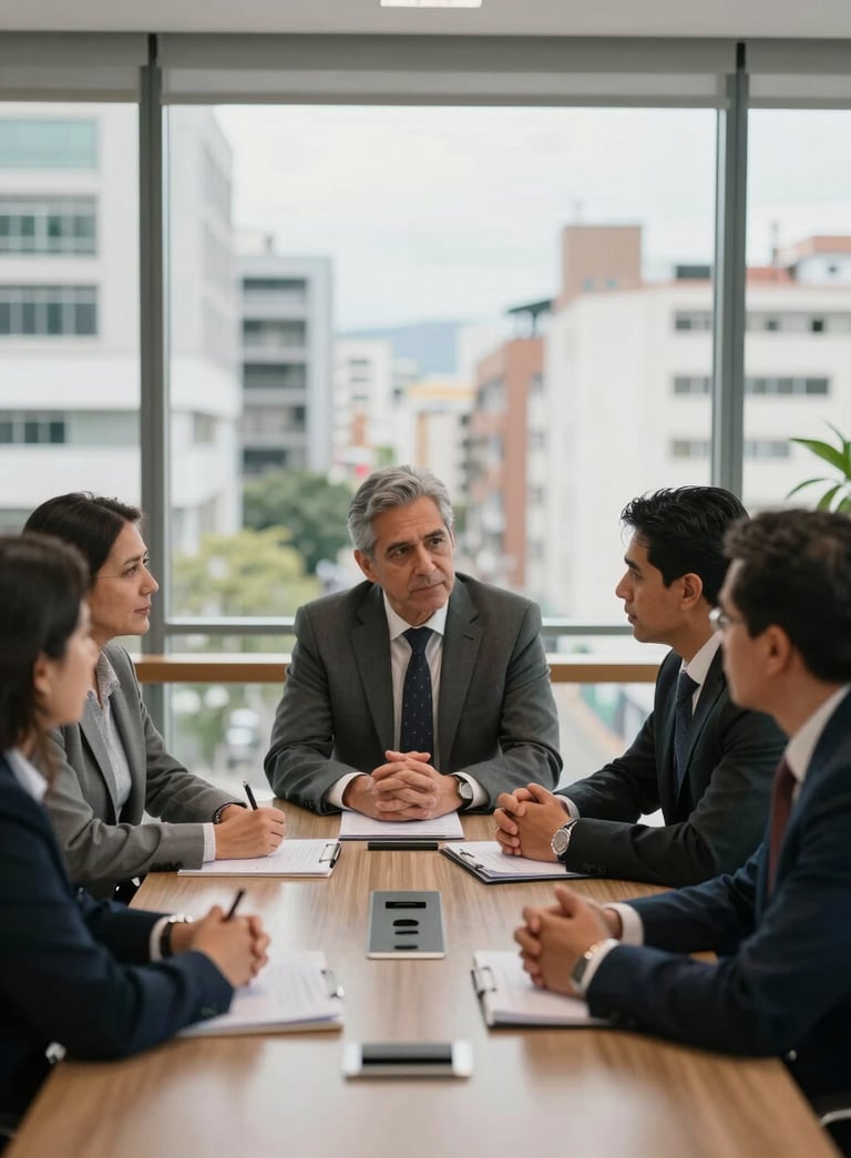 A group of South American professionals in a collaborative meeting around a conference table in a modern building in Santander, natural lighting, looking focused and committed, blurred city background.