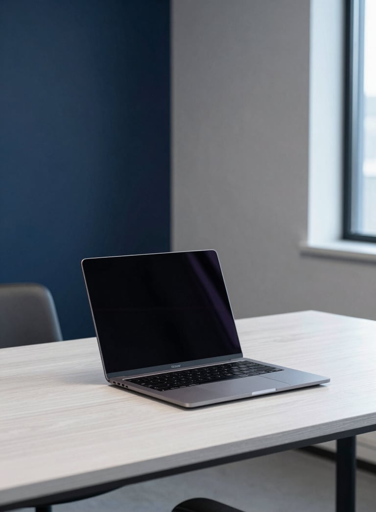 A minimalist, high-tech workspace in a North American corporate office featuring a sleek laptop on a desk made of white oak. The lighting is soft and natural, with deep navy and soft gray-blue accents in the background decor, creating a professional and intelligent atmosphere.