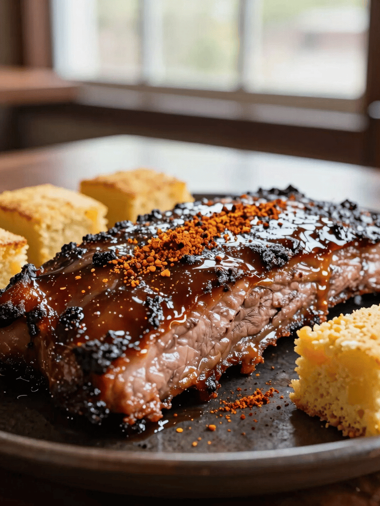 A mouthwatering close-up photograph of slow-smoked barbecue brisket brushed with rich brown glaze and dusted with red-orange Nigerian spices, served alongside golden cornbread on a rustic dark platter. Shot in soft, natural window light inside a warm North American dining setting.