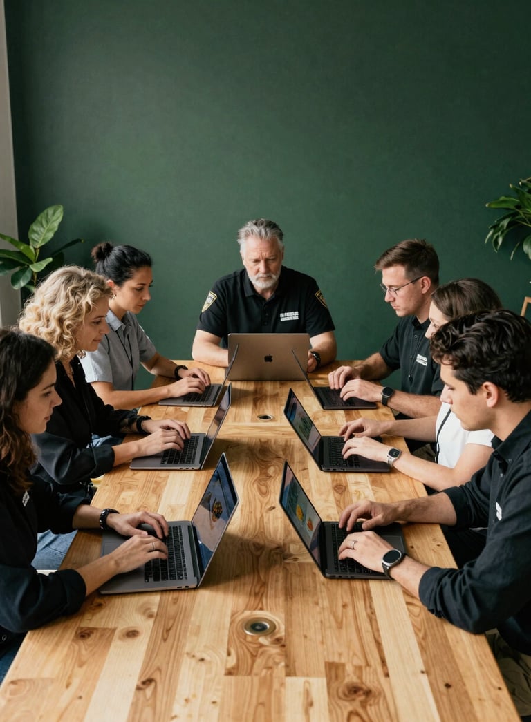 A sophisticated North American agency team collaborating in a cozy, sunlit studio with a large wooden table. They are reviewing food photography on laptops and tablets, with a minimalist Scandinavian decor and deep forest green accents in the background.