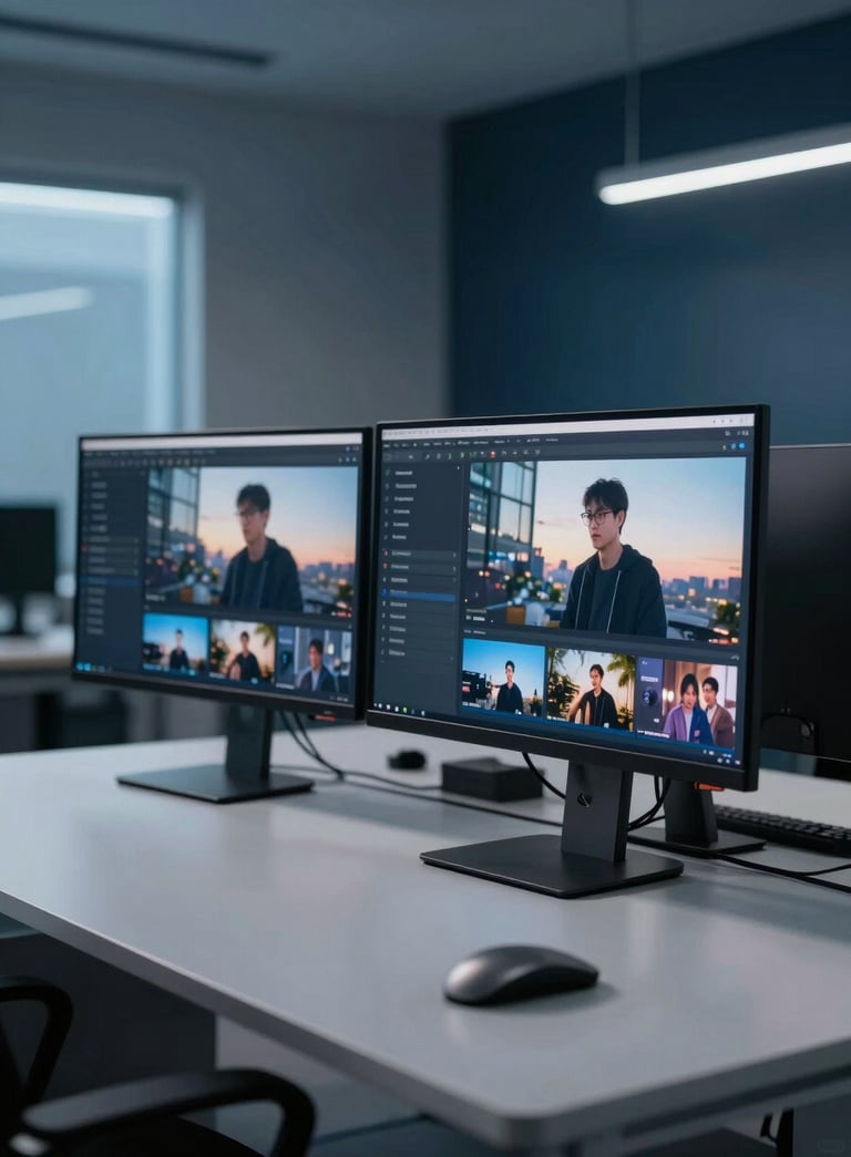 A high-end workspace featuring clean, slim monitors showing high-definition streaming video content. The surrounding environment is a modern tech office with soft azure and deep navy ambient lighting.