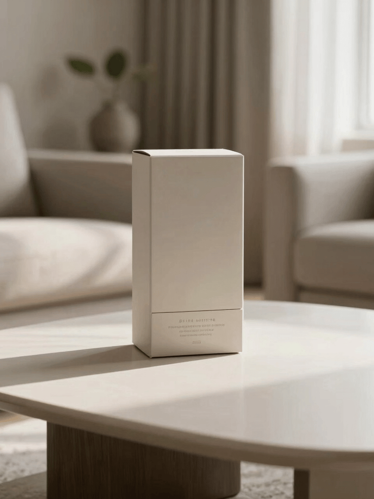 A high-end, minimalist British living room interior with soft natural light, featuring a premium lifestyle product in subtle packaging on an off-white coffee table.