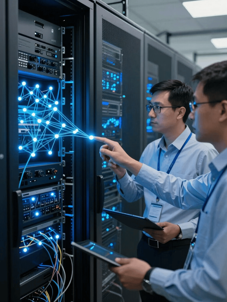 A secure, high-tech server room in Almaty with Central Asian / Kazakhstani technical experts monitoring glowing blue network nodes, symbolizing data sovereignty and on-premise AI power.