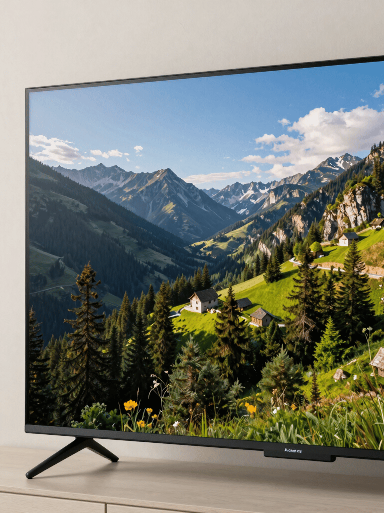 A close-up photograph of a sleek, thin Smart TV screen displaying a vibrant 8k landscape image, set against an off-white wall in a modern Al Nahda apartment.