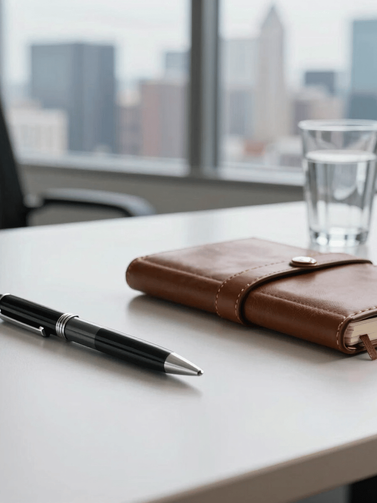 A professional photography shot of a clean, organized desk in a North American / US office with a view of a city skyline. On the desk is a high-quality pen, a leather-bound notebook, and a small glass of water, symbolizing efficiency and clarity.