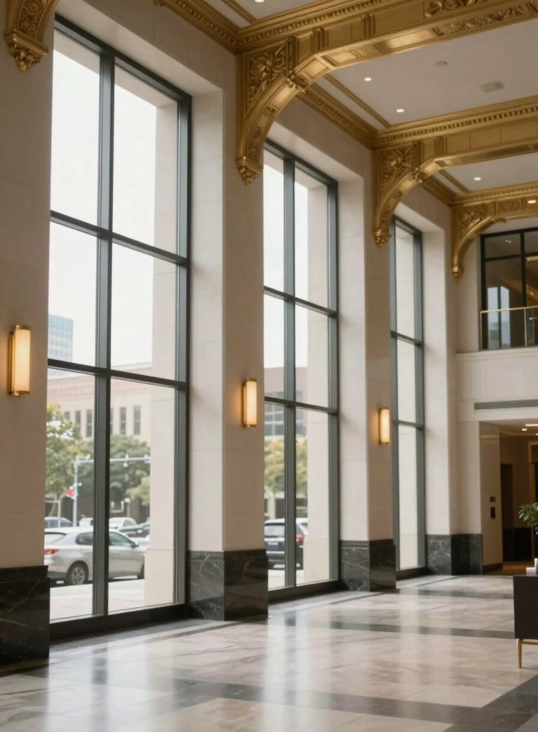 A sophisticated and clean corporate lobby with large windows and gold architectural details in a North American / Mexican business district, natural soft lighting.