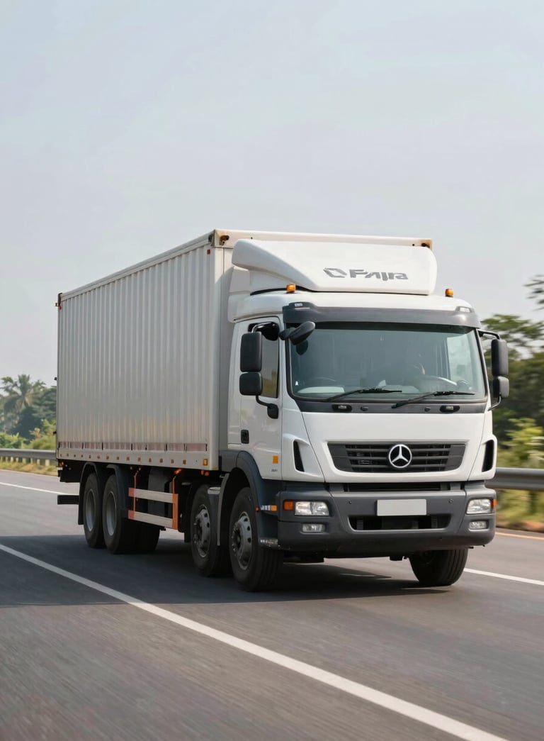 A modern multi-car carrier truck driving on a smooth highway in a South Asian / Indian landscape, bright daylight, professional photography style focusing on the speed and reliability of the logistics service.