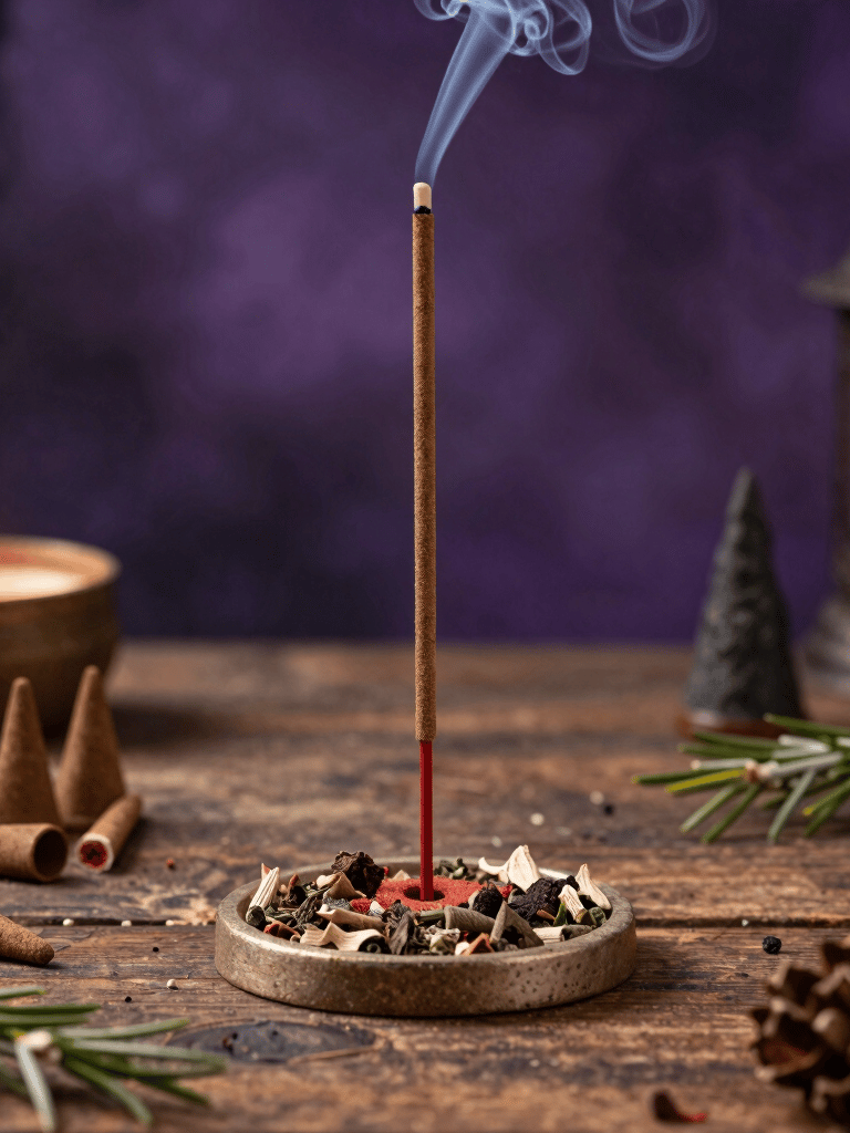 An arrangement of raw and polished crystals scattered over a mystical altar with flickering candlelight.