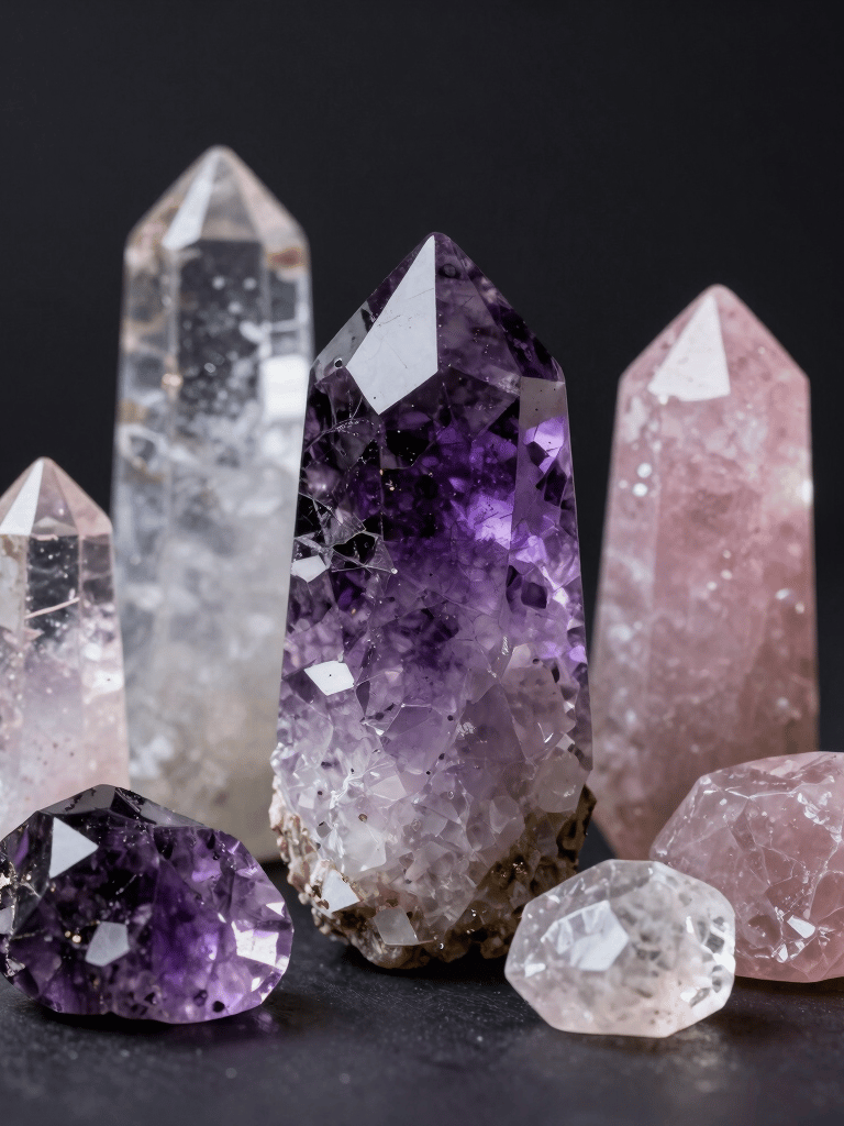 A close-up of shimmering amethyst and smoky quartz crystals glowing softly against a dark velvet background.