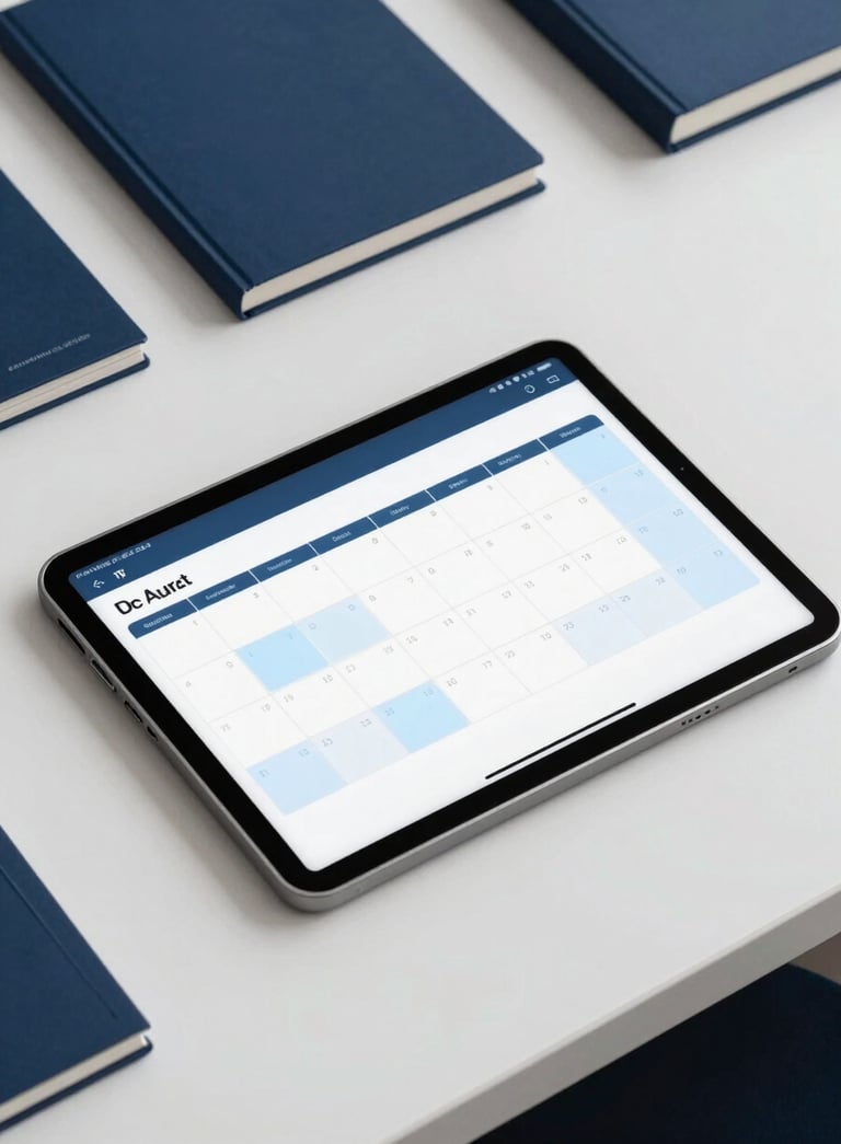 A high-angle photograph of a sleek, modern workstation in a North American / US office. A digital tablet displays an organized calendar with sky blue highlights. The background shows professional deep navy blue stationery and a clean white desk.