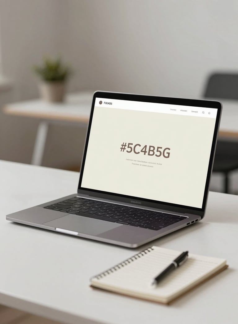 A minimalist, high-end office desk setup featuring a sleek laptop and a notepad on a clean surface. The background is a soft-focus professional interior. Neutral and calm lighting using the brand palette colors #F0EAD6 and #5C4B5C to evoke efficiency and order.