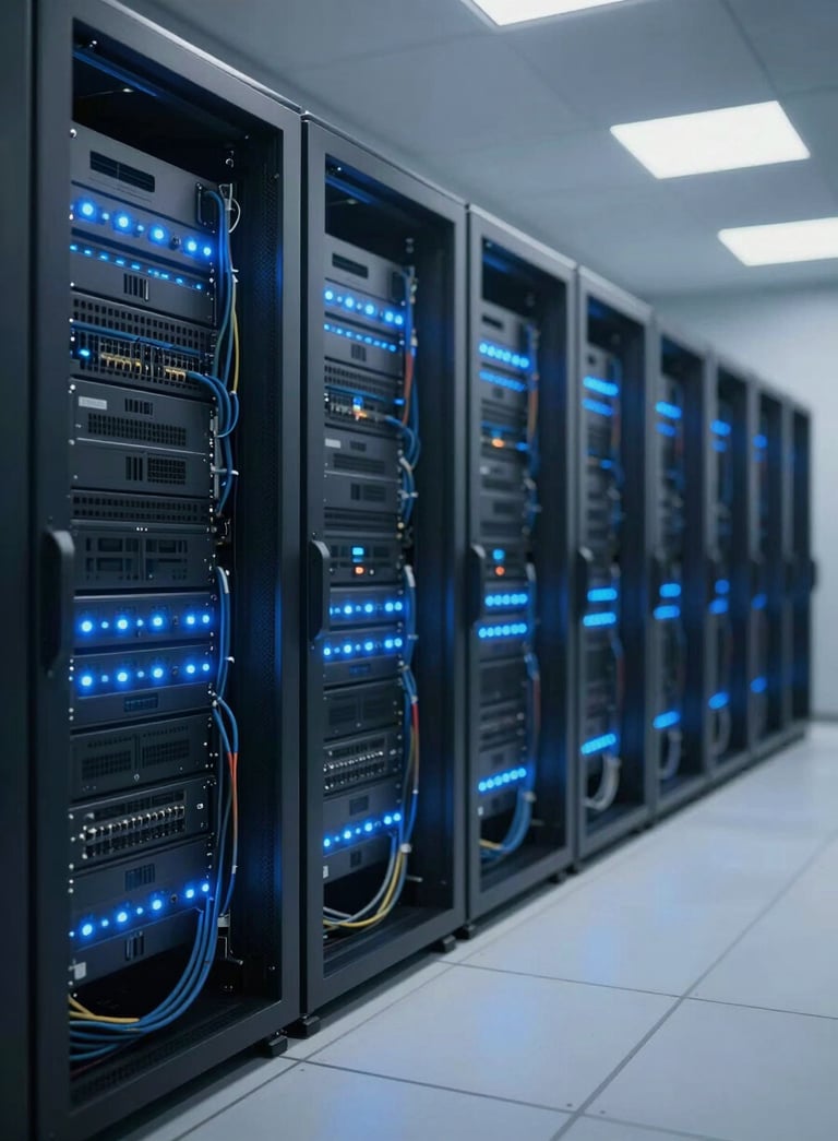 A high-tech server room with professional lighting, showing rows of servers with glowing blue LEDs (#60A5FA) and neatly organized network cables, wide angle, professional photography style.