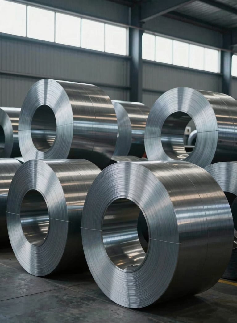 Professional photography of high-quality stainless steel coils stored in a clean, modern warehouse, soft daylight coming from high windows, Global / Industrial B2B aesthetic, colors dominated by grey and dark blue.
