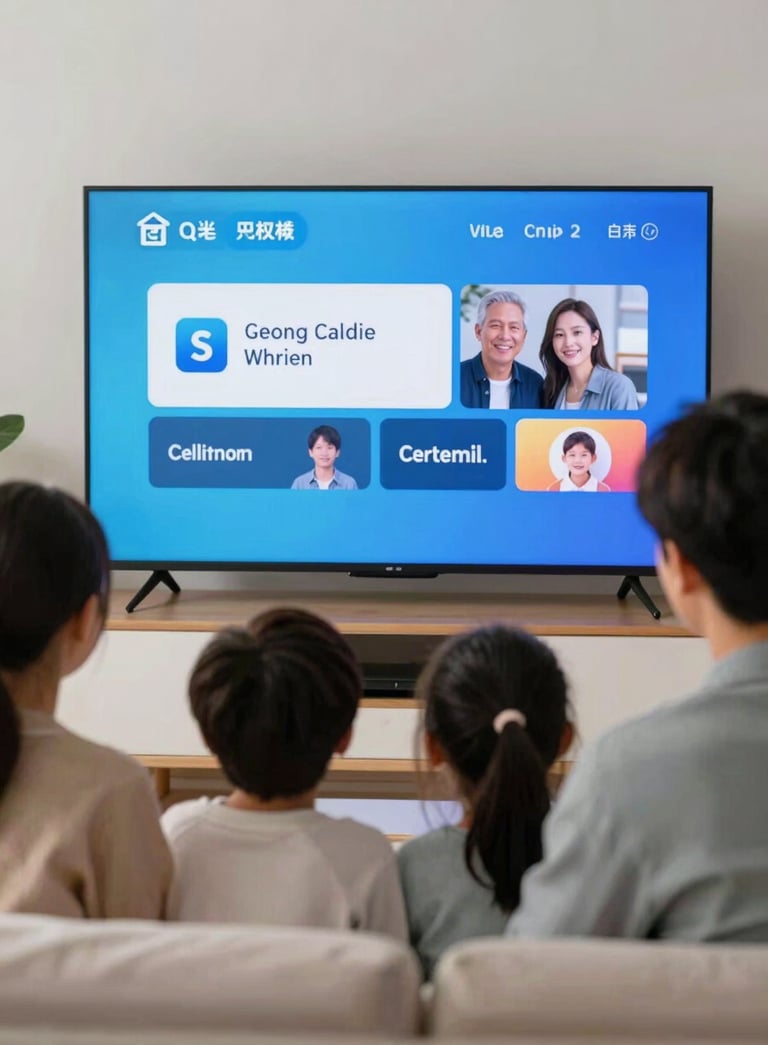 A happy family in a North American / US living room, illuminated by the soft blue glow of a large TV screen, showcasing high-quality cable services with a clean, modern aesthetic.