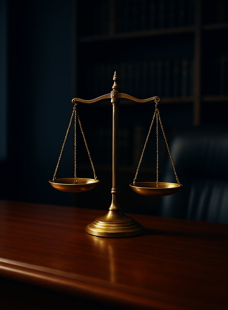 A refined still life of the Scales of Justice on a mahogany desk in a modern Australian law office, deep navy shadows and soft golden highlights.