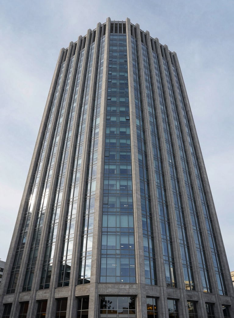 A sophisticated architectural photograph of a modern North American / US headquarters building reflecting a pale ice sky. The composition is sharp and symmetrical, emphasizing precision and stability.