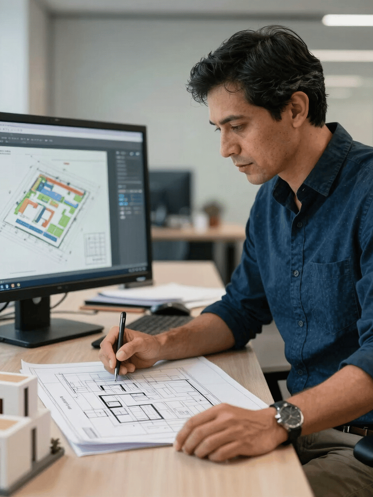 Un arquitecto en una oficina profesional en Latinoamérica revisando planos digitales en una pantalla táctil junto a maquetas estructurales, atmósfera de innovación y seriedad técnica en azul oscuro.