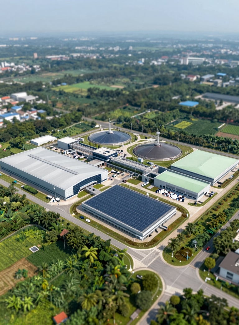 Aerial view of a modern, eco-friendly waste processing facility integrated into a lush green landscape, showing sophisticated architecture and solar arrays, incorporating #1B3A32 and #F0F4EF.