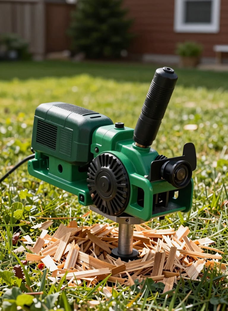 A heavy-duty stump grinder in a North American backyard. The machine is painted a dark green and medium green. Sunlit wood chips contrast with the green grass.
