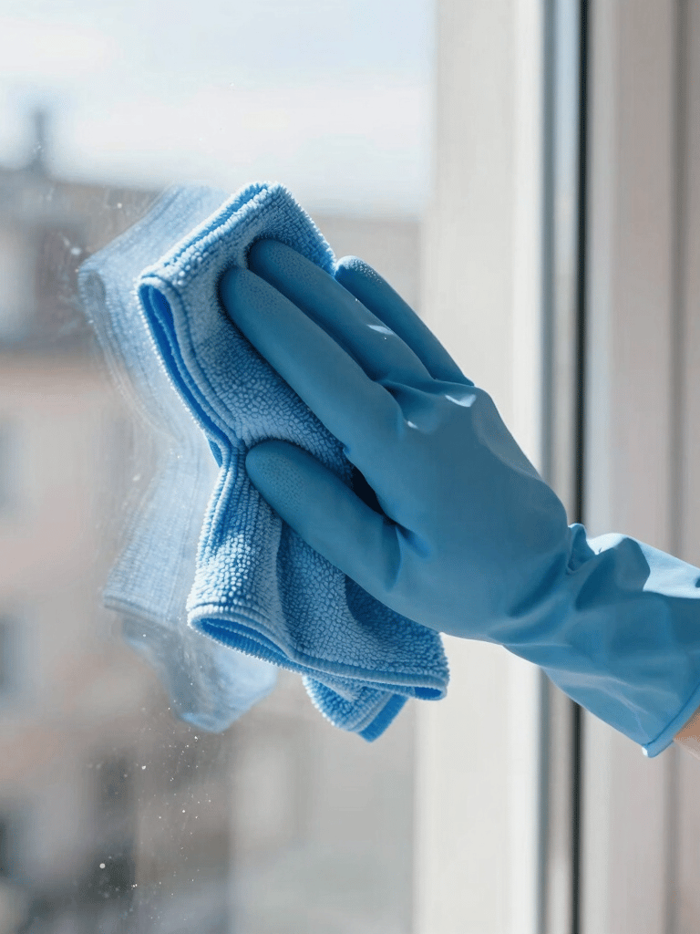 Close-up of a professional cleaner's hands in blue gloves using a microfiber cloth to wipe a sunlit glass window in a modern Northern European home, bright and clean atmosphere.